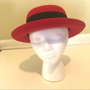 Vintage Wool 1970s Vibrant Red Hat w/Black Bow